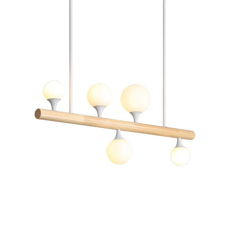 Modern White Pipe Island Light - Wood Suspended Fixture With 5 Heads For Dining Room