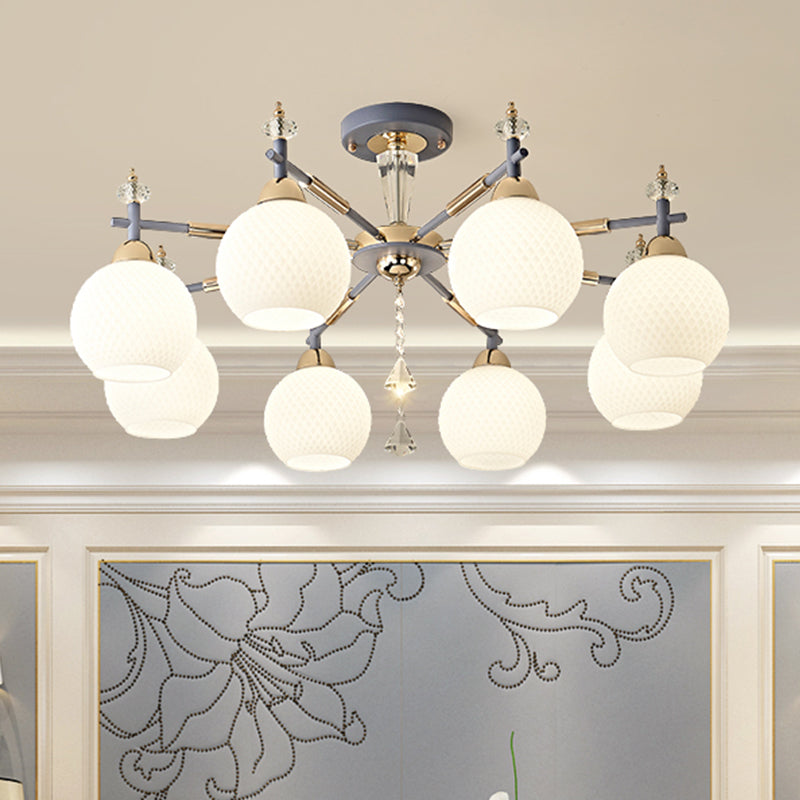 Modern Grey Pendant Chandelier with Milk Glass Shades - 8 Bulb Living Room Lighting Fixture