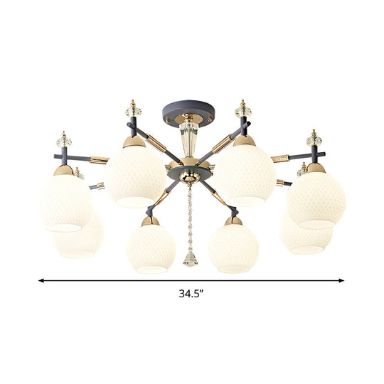 Modern Grey Chandelier Light With Milk Glass Shade - 8 Bulb Living Room Pendant Fixture