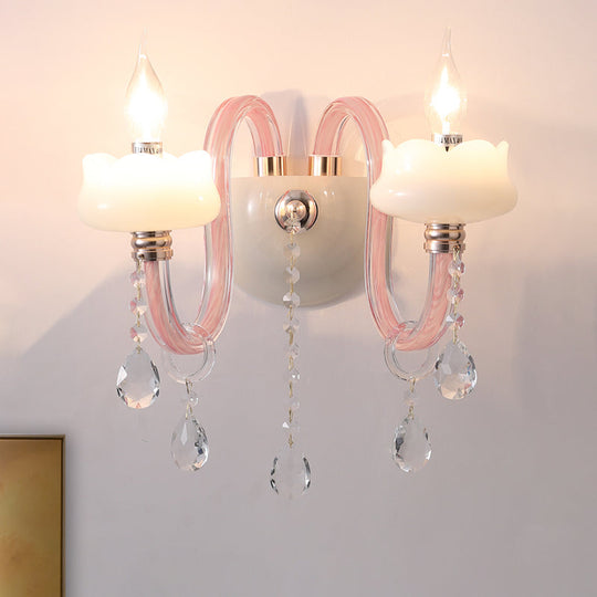 Pink Crystal Prism Sconce With 2 Bulbs: Traditional Candelabra Wall Light For Living Room