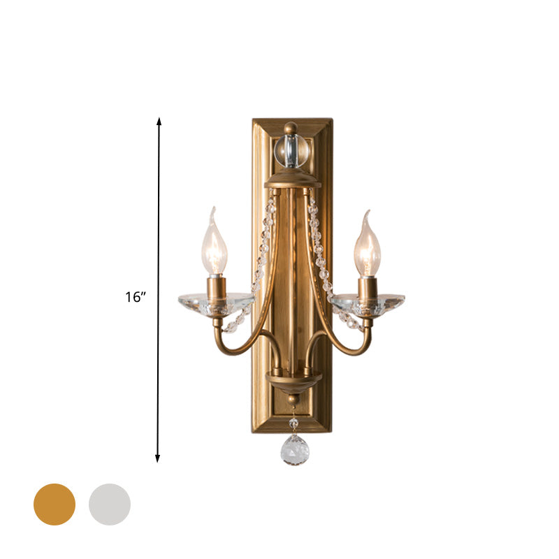 2-Light Crystal Ball Wall Sconce For Bedroom Rural Gold/Silver Metal Candle Style Lighting Fixture