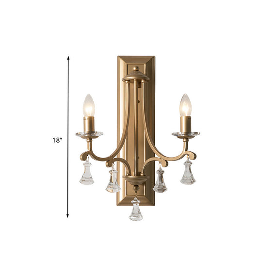 Retro Gold Crystal Wall Lamp With 2 Bulbs - Elegant Candelabra Light For Living Room