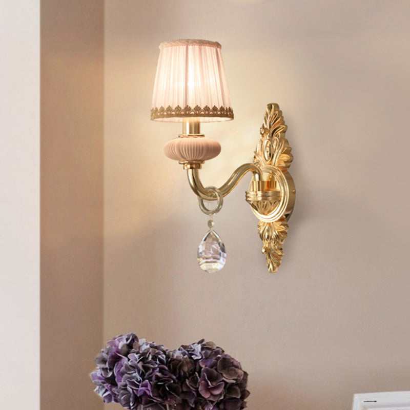 Traditional Fabric Barrel Wall Sconce With Crystal Accent - Pink/Blue 1/2 Head Lighting For Bedroom