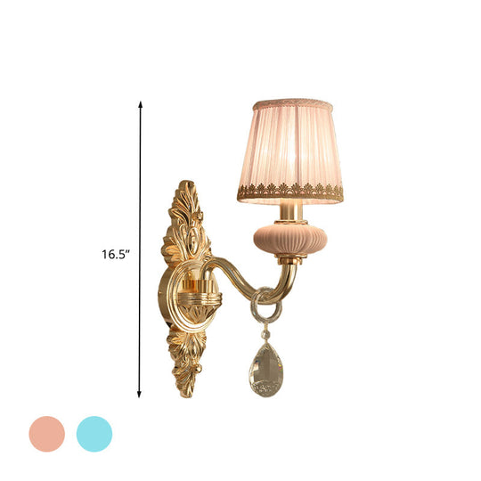 Traditional Fabric Barrel Wall Sconce With Crystal Accent - Pink/Blue 1/2 Head Lighting For Bedroom