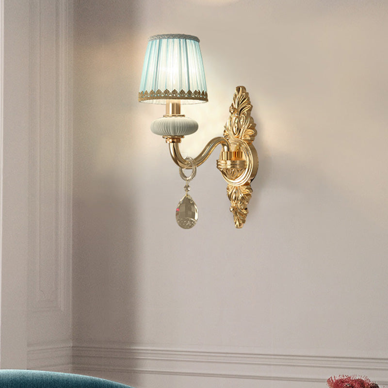 Traditional Fabric Barrel Wall Sconce With Crystal Accent - Pink/Blue 1/2 Head Lighting For Bedroom