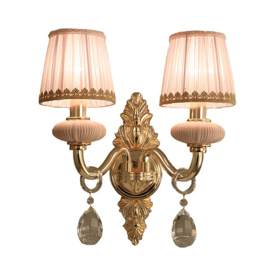 Traditional Fabric Barrel Wall Sconce With Crystal Accent - Pink/Blue 1/2 Head Lighting For Bedroom