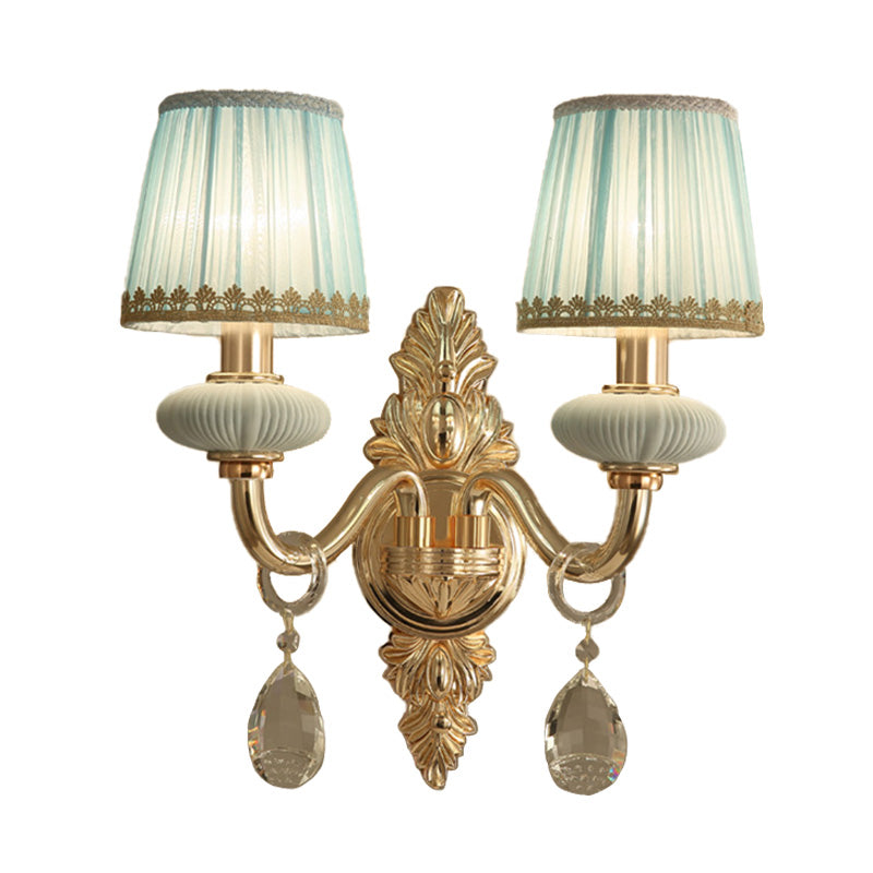 Traditional Fabric Barrel Wall Sconce With Crystal Accent - Pink/Blue 1/2 Head Lighting For Bedroom