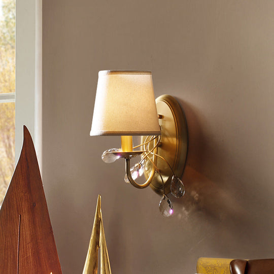 Traditional Conical Crystal Wall Light Sconce With Brass Fixture And Fabric Shade
