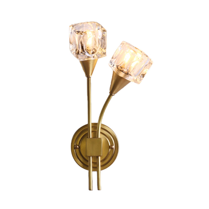 Contemporary Gold Cube Wall Sconce With Clear Crystal Led Lighting Perfect For Living Room