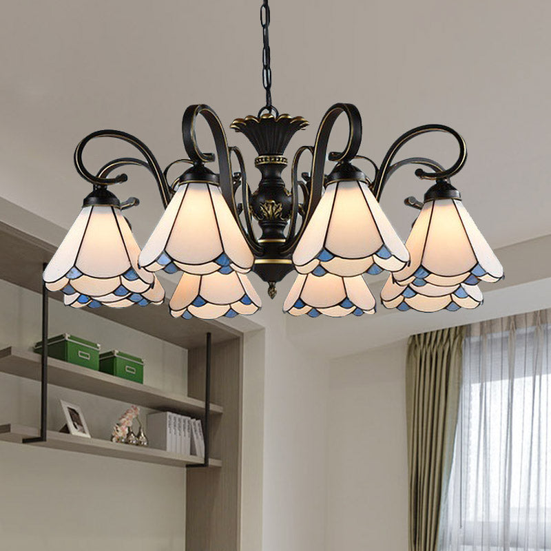 Mediterranean Conical Chandelier Lamp With White/Blue Glass - 5/6/8 Lights Ceiling Light For Living