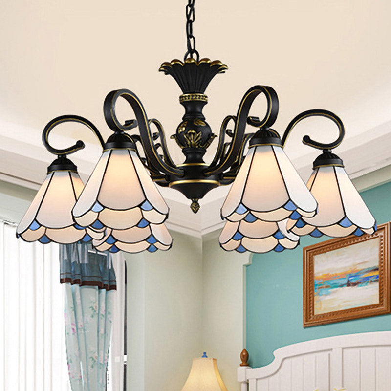 White and Blue Glass Conical Chandelier Lamp with Multiple Lights for Mediterranean Living Rooms
