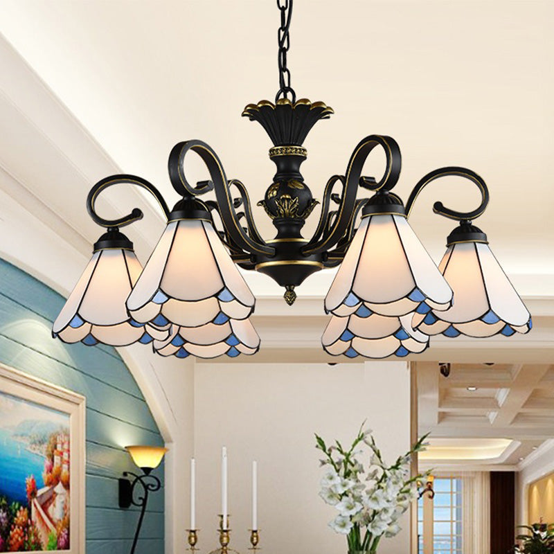 White and Blue Glass Conical Chandelier Lamp with Multiple Lights for Mediterranean Living Rooms