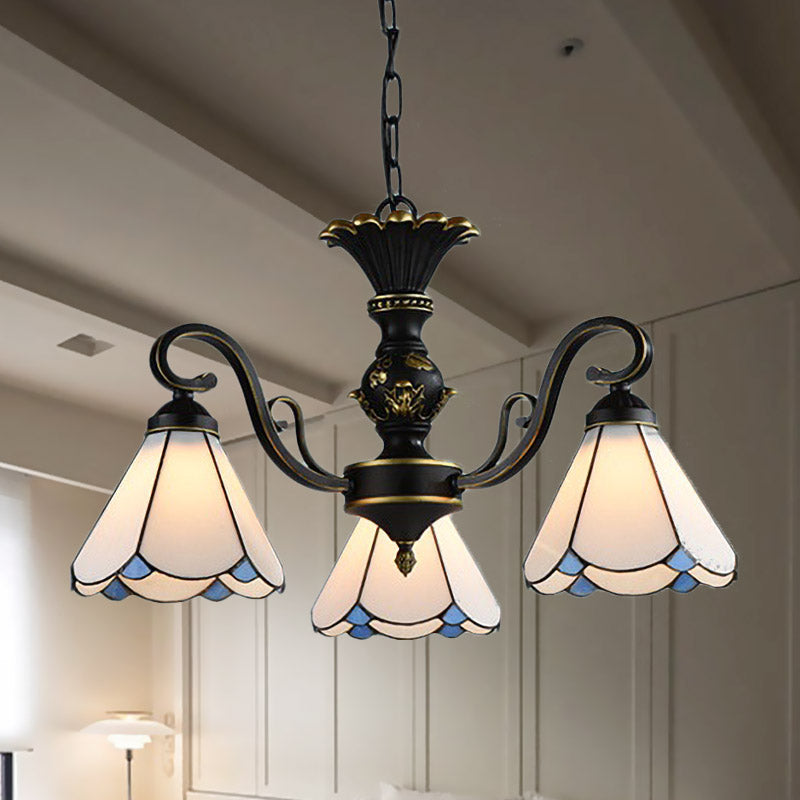 Mediterranean Conical Chandelier Lamp With White/Blue Glass - 5/6/8 Lights Ceiling Light For Living