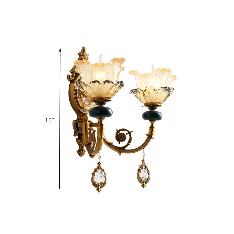 Traditional Floral Wall Mount Lamp With Crystal Accents - Gold Metal Sconce Lighting (1/2 Heads)