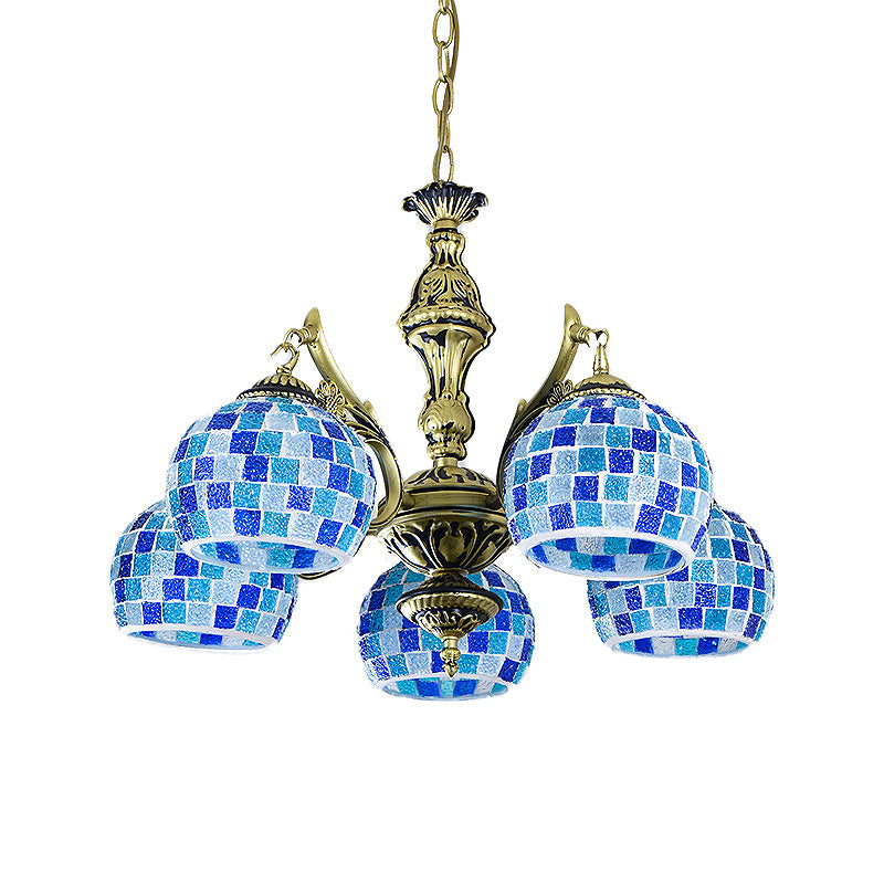 Mediterranean Stained Glass Globe Pendant Light with Blue Lights - Available in 5, 9, or 11
