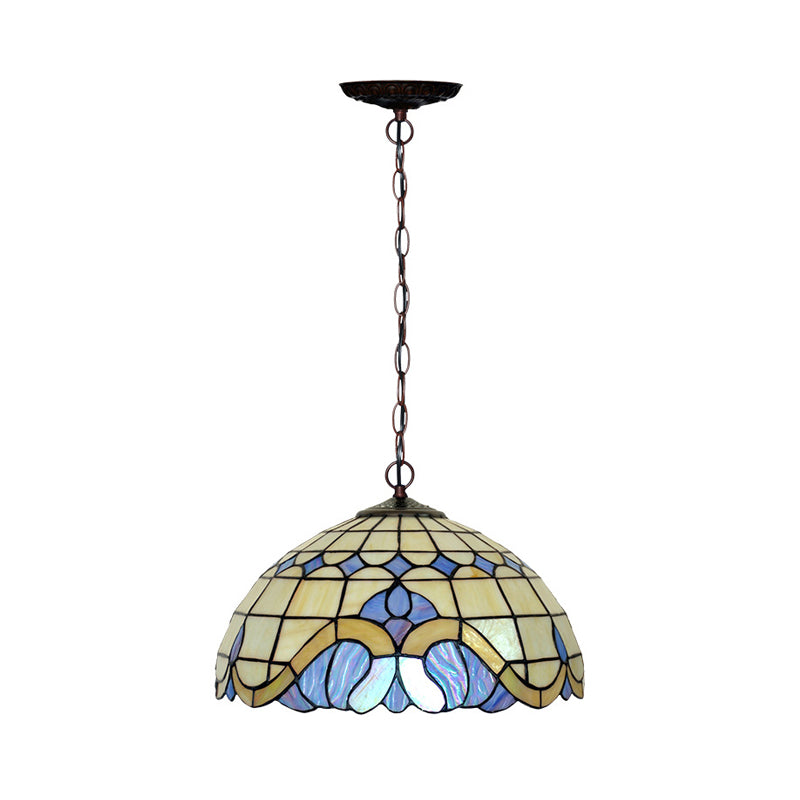 Tiffany-Style Blue Stained Glass Domed Drop Pendant - 12"/16" Sizes - Coffee Chandelier Light for Dining Room