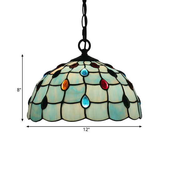Stylish Tiffany Beaded Pendant Light For Dining Room - Blue/Silver Glass 12/16 Width 1