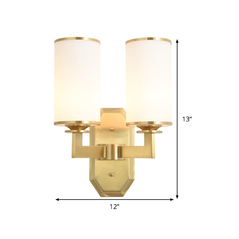 Gold Metal Wall Mount Light Fixture With Opal Glass Shade - 2 Head Modern Armed Sconce