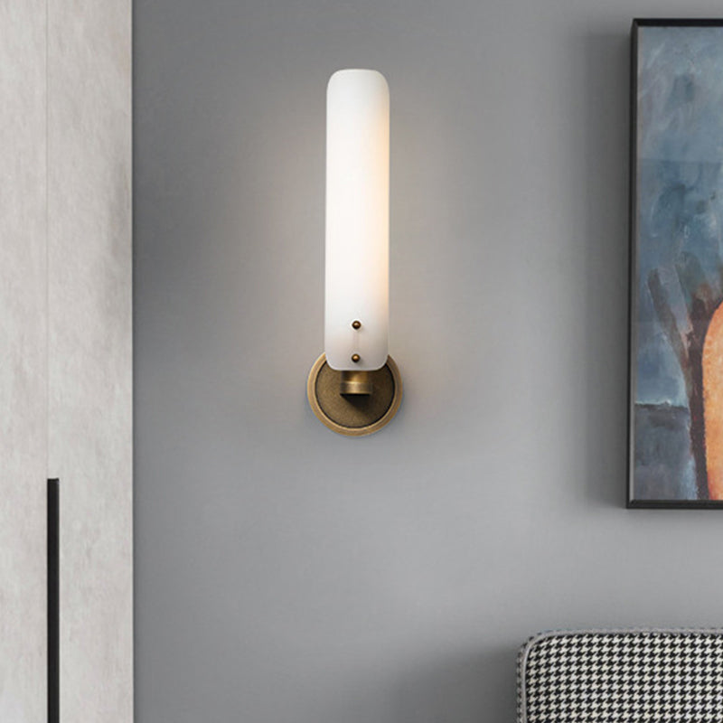 Modern Brass Sconce Light Fixture With Opal Glass Shade - Bedroom Wall Lamp