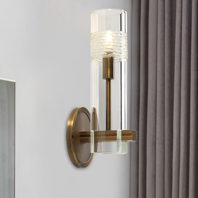 Modern Clear Glass Sconce With Brass Metal Arm And 1 Bulb Wall Light Fixture