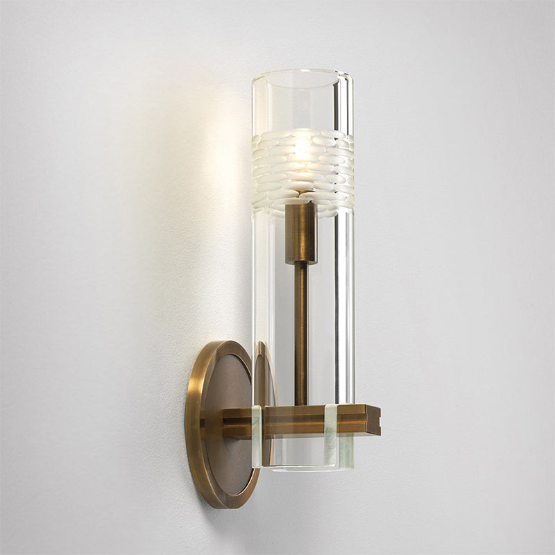 Modern Clear Glass Sconce With Brass Metal Arm And 1 Bulb Wall Light Fixture