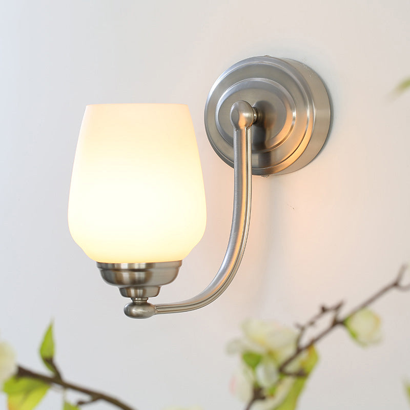 Milk Glass Wall Sconce Light In Nickel For Stairways