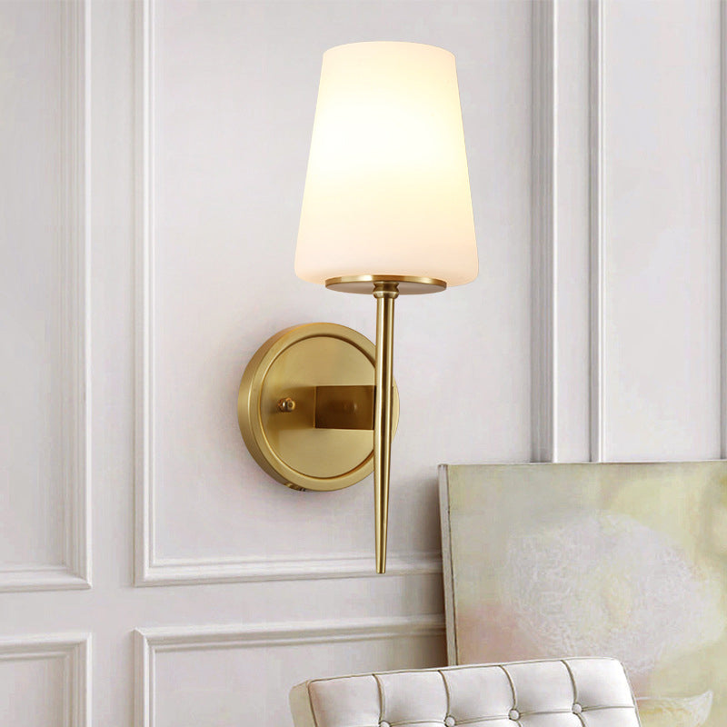 Modernist Opal Glass Tapered Wall Lamp: Brass Sconce Light Fixture With Pencil Arm