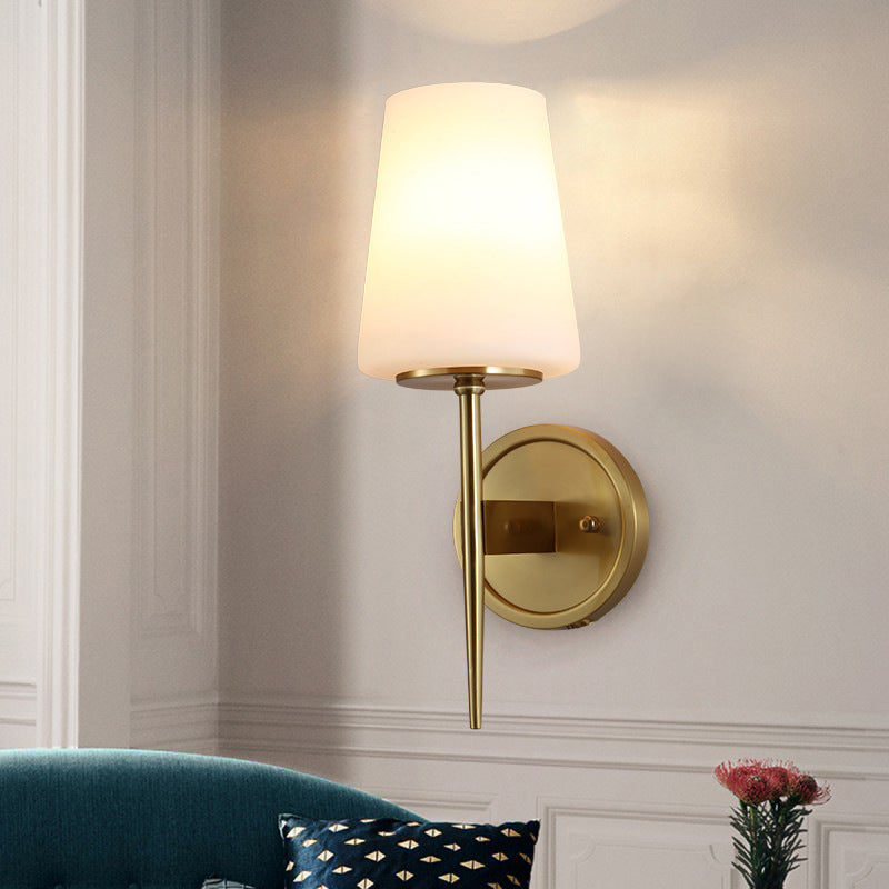 Modernist Opal Glass Tapered Wall Lamp: Brass Sconce Light Fixture With Pencil Arm