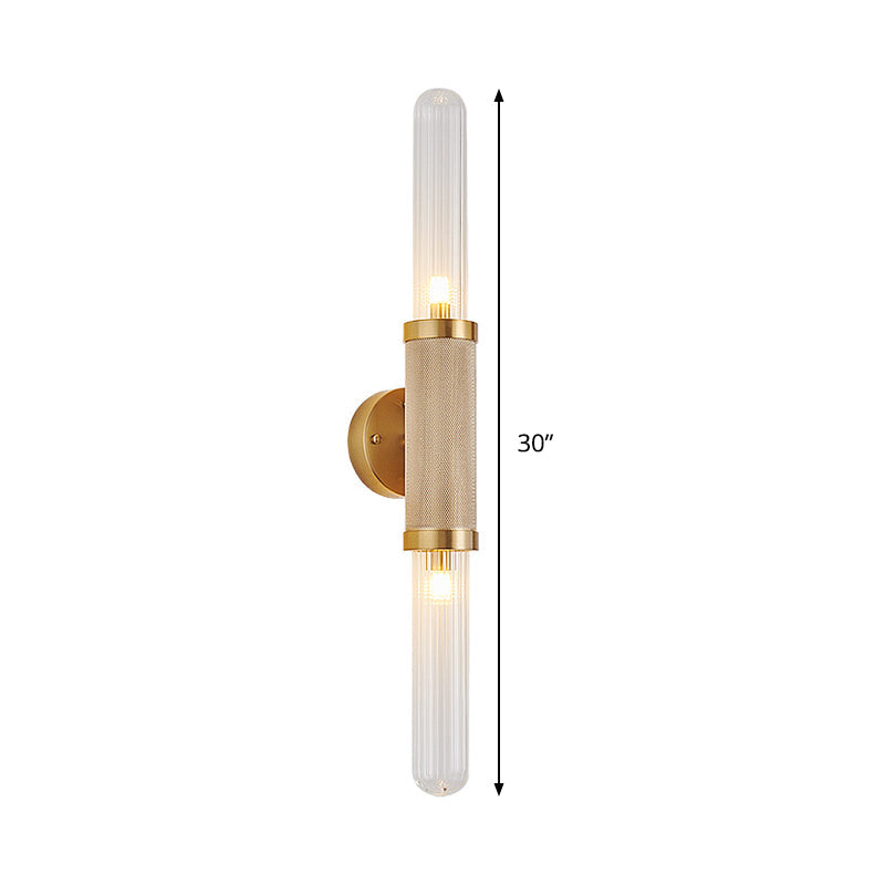 Modern Gold Wall Sconce With Fluted Glass And Dual Tubular Heads