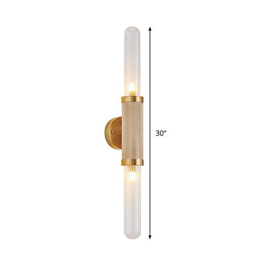 Modern Gold Wall Sconce With Fluted Glass And Dual Tubular Heads