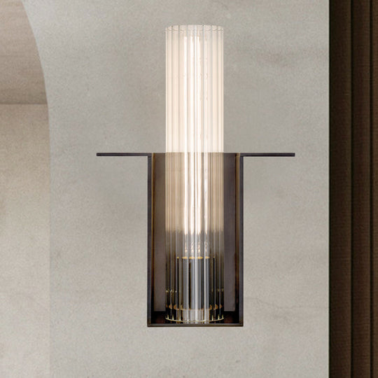 Modern Black Sconce Light With Ribbed Glass Shade For Living Room Wall