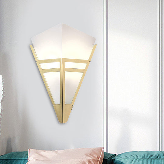Contemporary White Glass Gold Sconce With Tapered Design And 1 Bulb