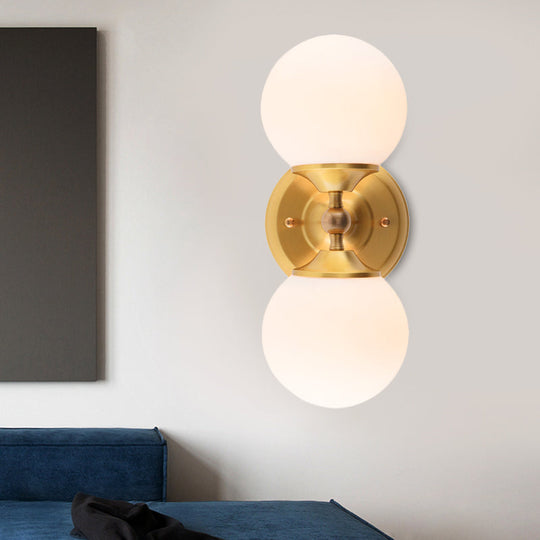 Modern Brass Wall Mount Sconce With 2 Milky Glass Heads