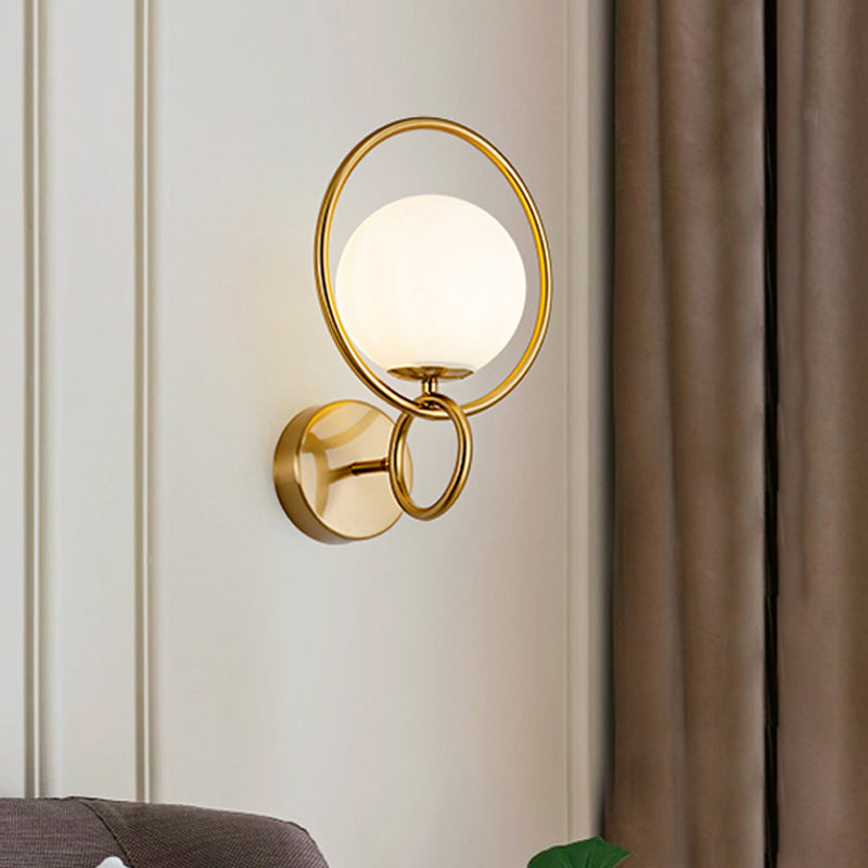 Modernist Gold Wall Sconce Light With White Glass Shade