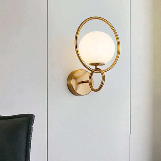 Modernist Gold Wall Sconce Light With White Glass Shade