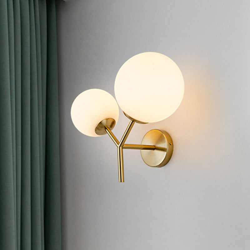 Contemporary White Glass Spherical Sconce With 2 Gold Heads - Wall Mounted Light Fixture