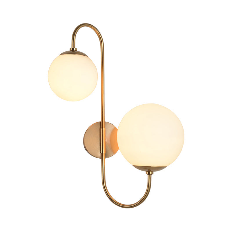 Contemporary Gold Metal Wall Sconce With Opal Glass Shade - 2 Bulb Arm Design