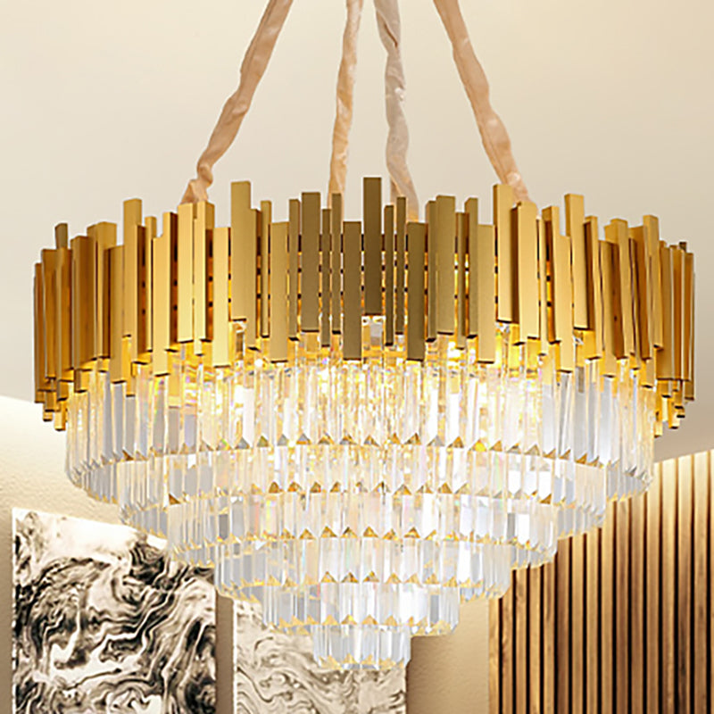 Modern Brass Hanging Light Fixture: Layered Multi-Light Chandelier With Crystal Block / 16