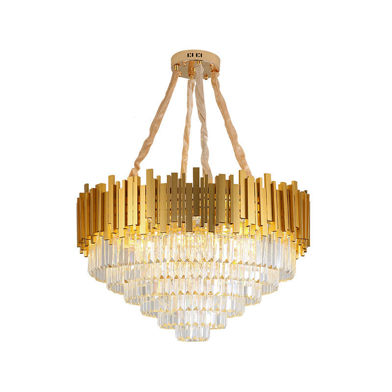Modern Brass Hanging Light Fixture: Layered Multi-Light Chandelier With Crystal Block