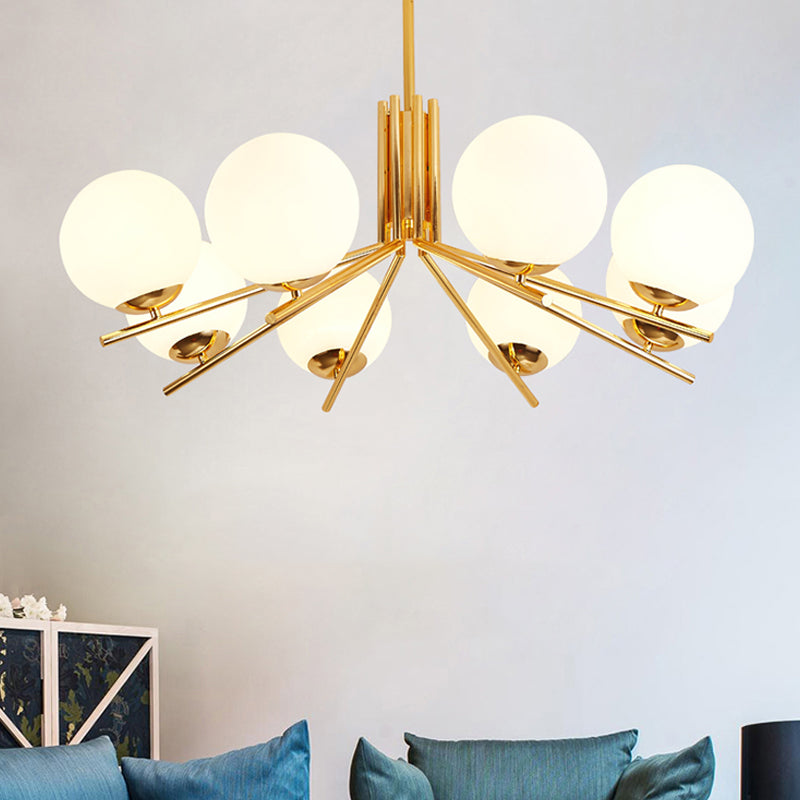 Modern 8-Head Gold Pendant Light Fixture With Frosted White Glass Orb