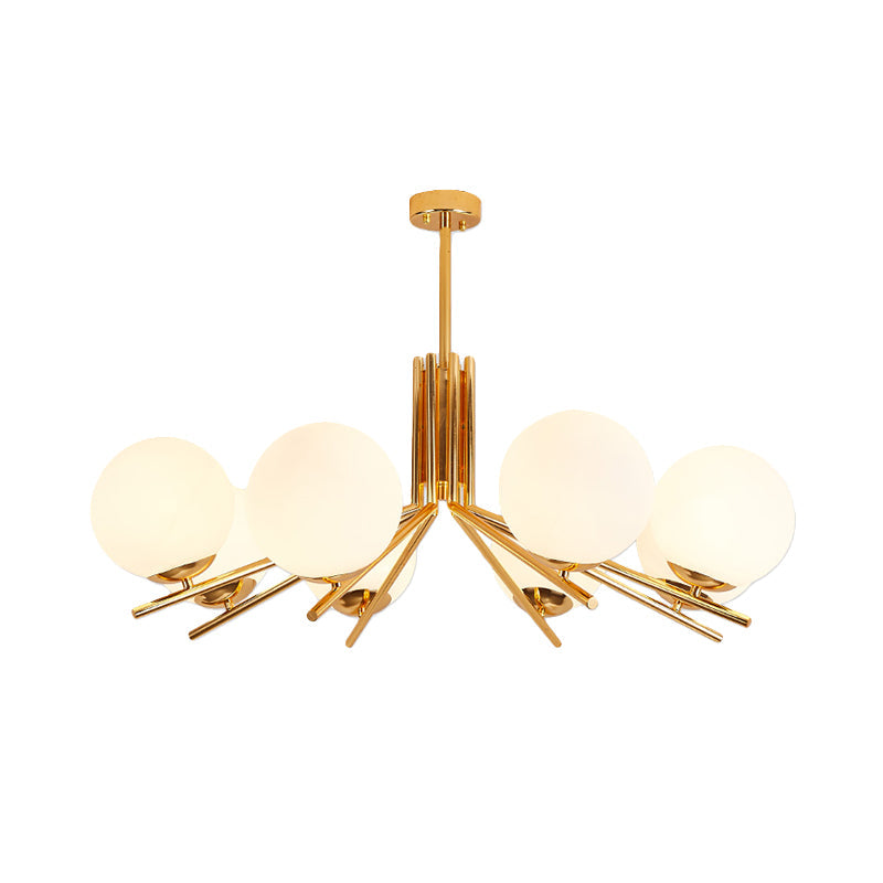 Modern 8-Head Gold Pendant Light Fixture With Frosted White Glass Orb