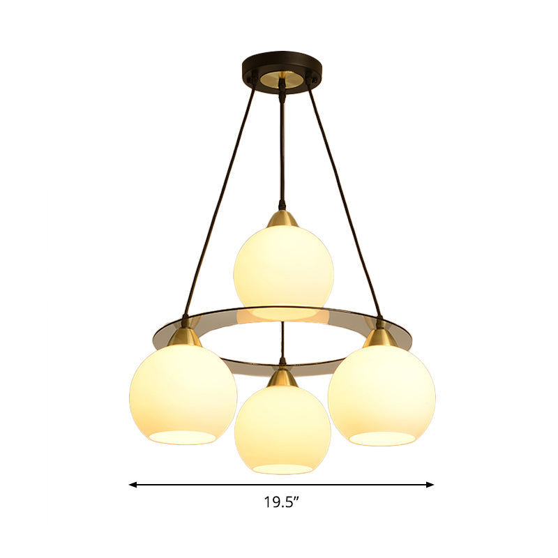 Contemporary 4-Head Black and Gold Chandelier Light with Opal Glass Shade