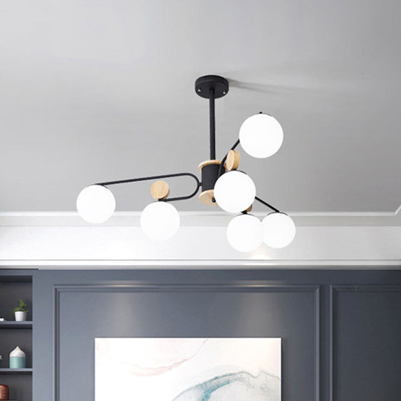 Modernist Milk Glass Round Pendant Chandelier in Black - Ceiling Light with 6/8 Hanging Heads