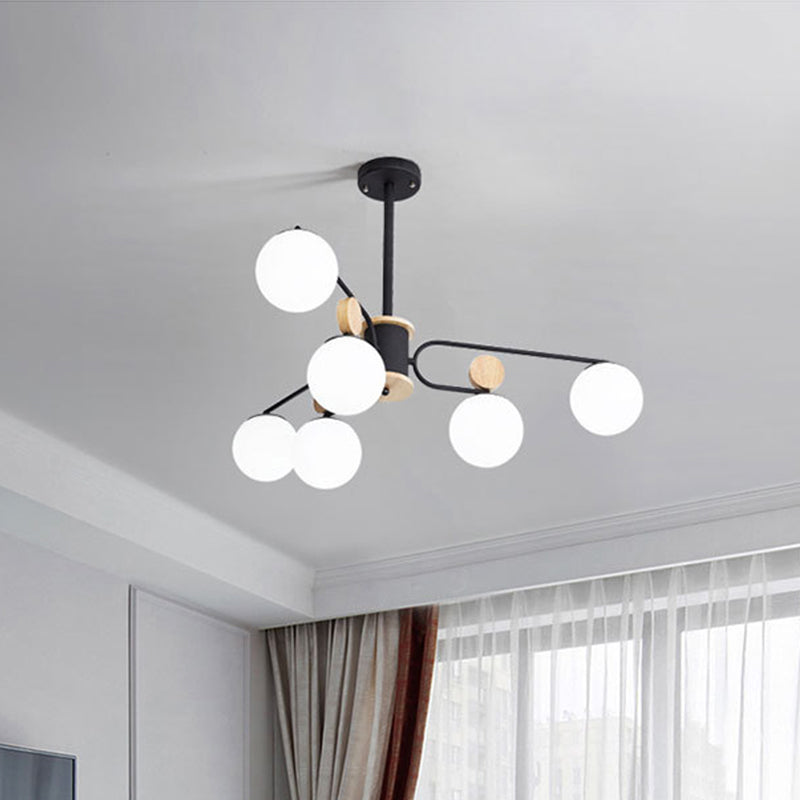 Modernist Milk Glass Round Pendant Chandelier in Black - Ceiling Light with 6/8 Hanging Heads