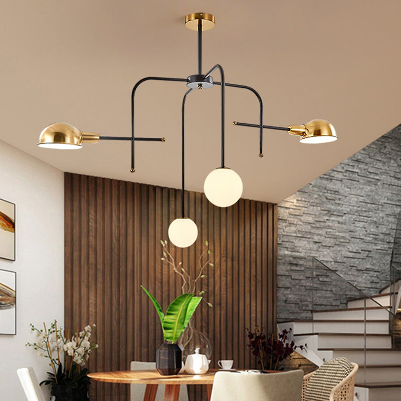 Modern Metal Armed Chandelier with 2/4 Bulbs, Black and Gold Finish, Ceiling Suspension Lamp