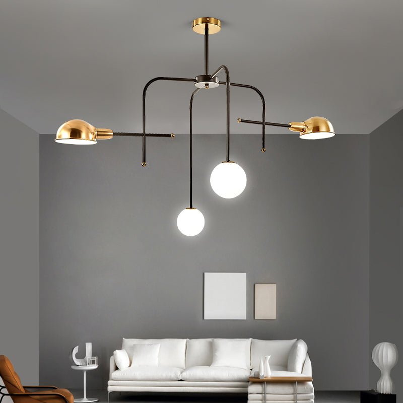 Modern Metal Armed Chandelier with 2/4 Bulbs, Black and Gold Finish, Ceiling Suspension Lamp