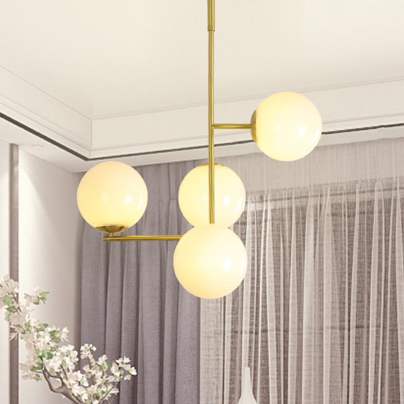 Modernist gold ball pendant chandelier with milky glass shade - 4 heads, ceiling hanging light