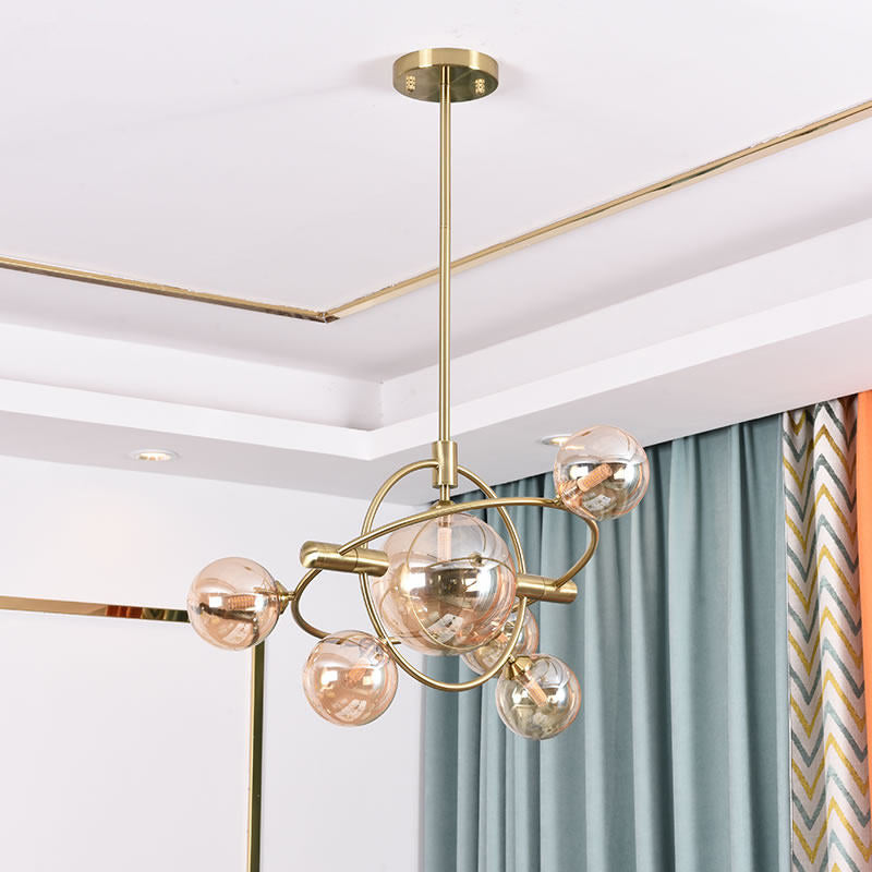 Amber Glass Modernist Sphere Chandelier - 6 Head Dining Room Lighting