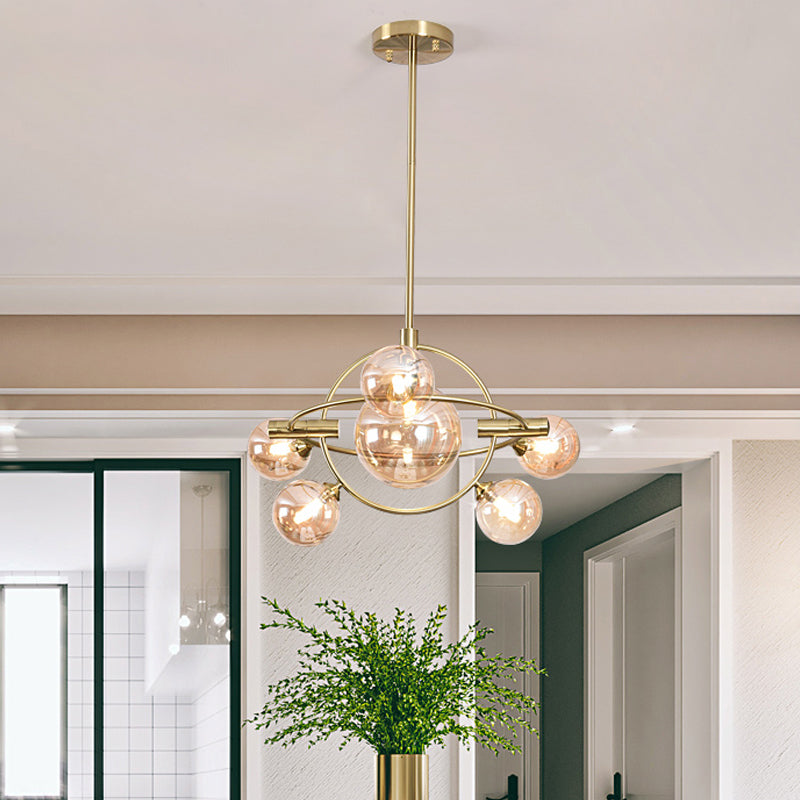 Amber Glass Modernist Sphere Chandelier - 6 Head Dining Room Lighting