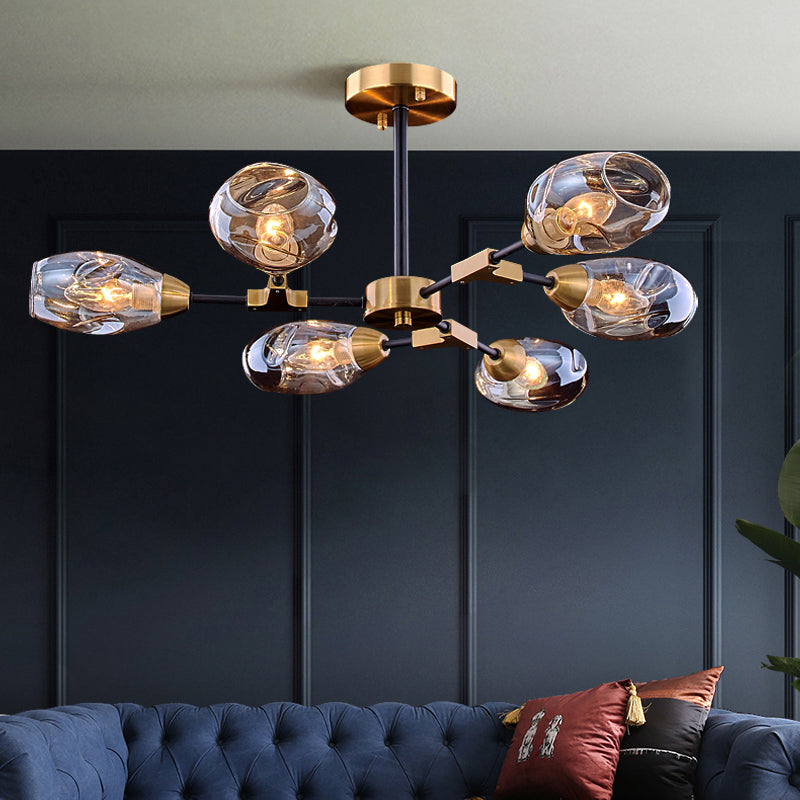 Modern Black & Gold 6-Head Dining Room Chandelier With Cup Dimpled Blown Glass Shades - Pendant